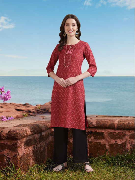 Rangita Women Cotton Red Embroidered Knee Length Straight Kurti - None