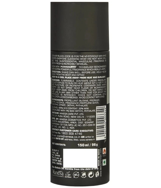 Denver Black Code Deodorant Spray for Men- 150ML Each (Pack of 2)