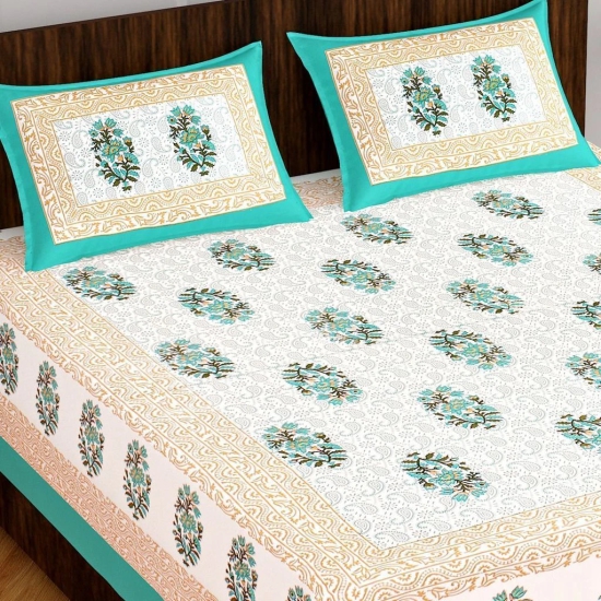 Bedsheet Adda-DB-3XXX-Standard King Size (90*108 Inches)100% Pure Cotton jaipuri printed  Green Floral Print Cotton Double Bedsheet with 2 Matching Pillow Covers-3094