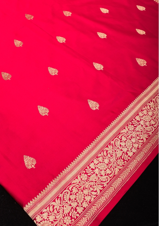 Pre-order Red Banarasi Mashru Silk Saree with Damask Buttas and Zari Border | SILK MARK CERTIFIED