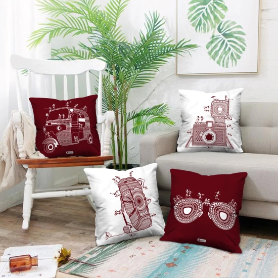 Indigifts Printed Small Cushion Covers 18x18 Travellers Themed Warli Art Digitally Printed Pillows Set of 4 - Diwali Decoration For Home, Gift For Traveller Friend, Ethnic Print Cushion