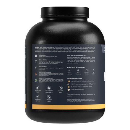 Nutrabay Gold Mega Mass Gainer Powder - 2kg, Rich Chocolate Creme | 100% Veg | 40.7g Protein, 122g Carbs, 714 Calories | Muscle Building & Weight Gainer Supplement for Men & Women