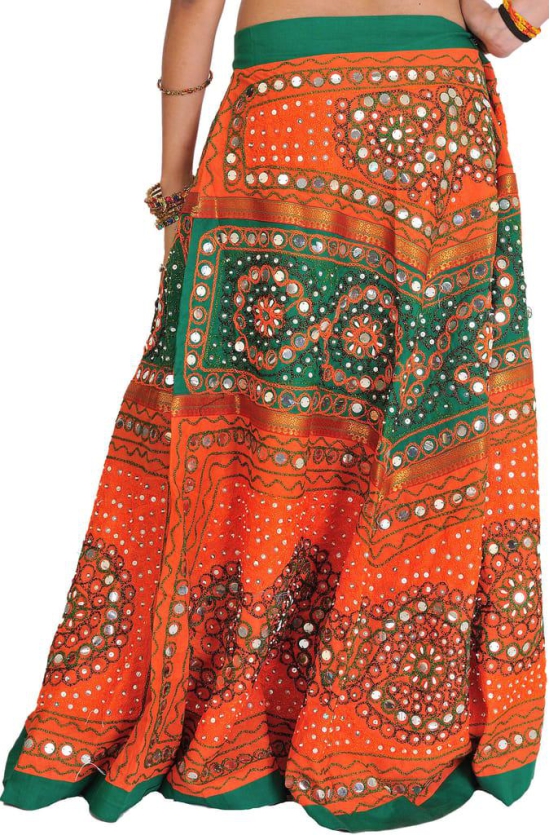 Orange And Green Long Ghagra Skirt from Jaipur with Aari Embroidery and Sequins