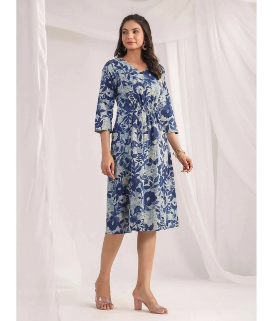 Janasya Cotton Printed Knee Length Womens A-line Dress - Indigo ( Pack of 1 ) - None