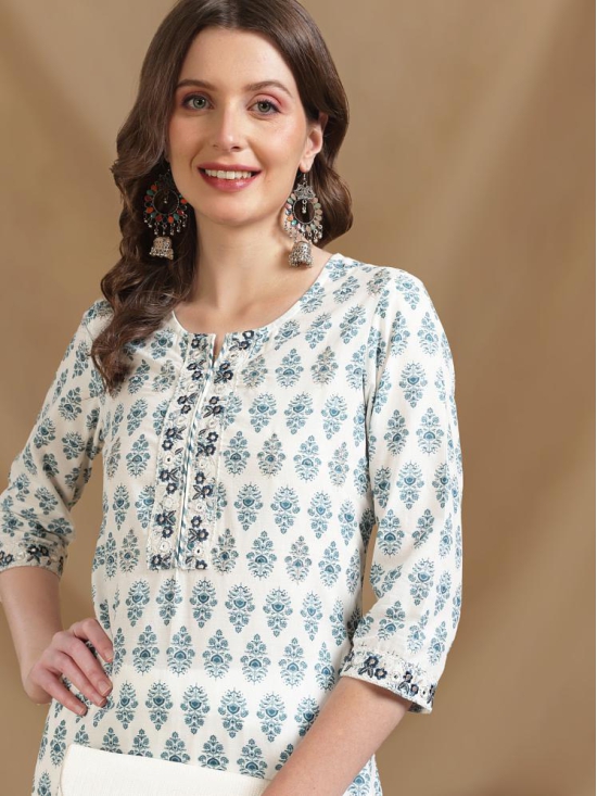 Rangita Women Cotton Blue Embroidered Calf Length Straight Kurti - None