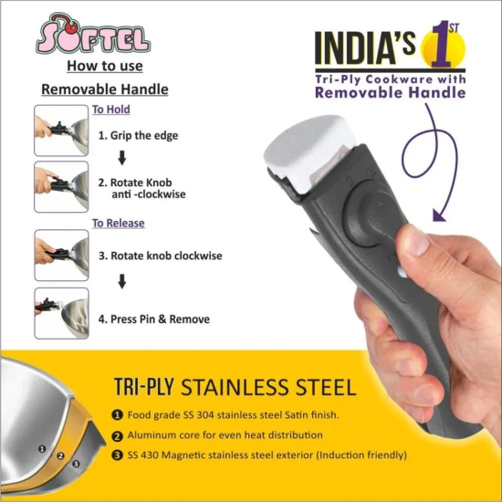 Softel Tri-Ply Stainless Steel kadhai with Removable Handle | Gas & Induction Compatible | Silver | 1 Pc 24 cm