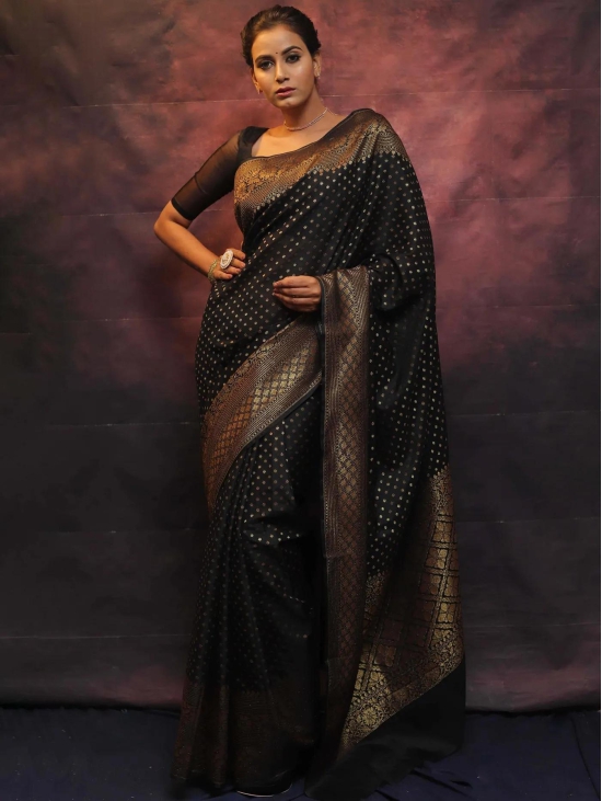 Black Pure Banarasi Silk Weaved With Copper Zari Comes With Heavy Banarasi Brocade Blouse