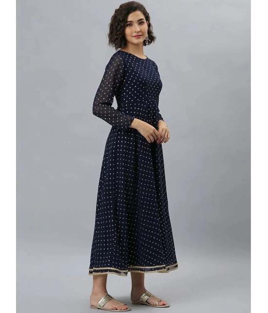 Janasya Georgette Printed Flared Womens Kurti with Dupatta - Navy Blue ( Pack of 1 ) - None