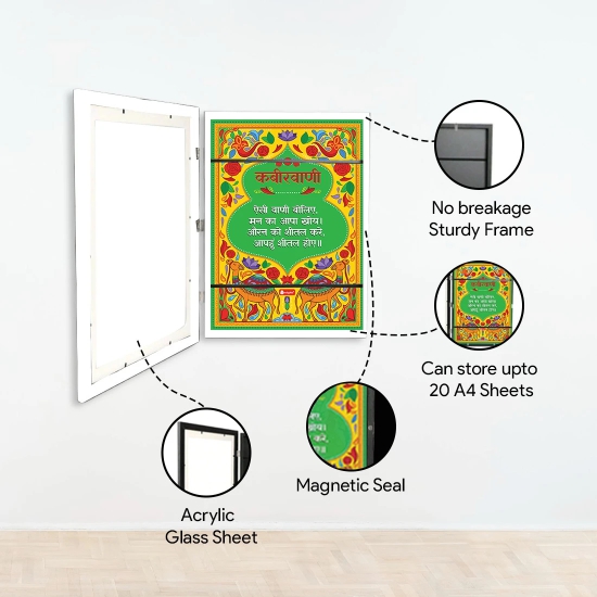 Indigifts 3D Storage Frame With 6 Kabeer Doha 13.7 x 10|A4 Size Photo Frame For Wall Dcor|6 Changeable Motivation Posters|Kabeer Ke Dohe|Front Opening, Can Store Upto 50 Poster|WHITE|