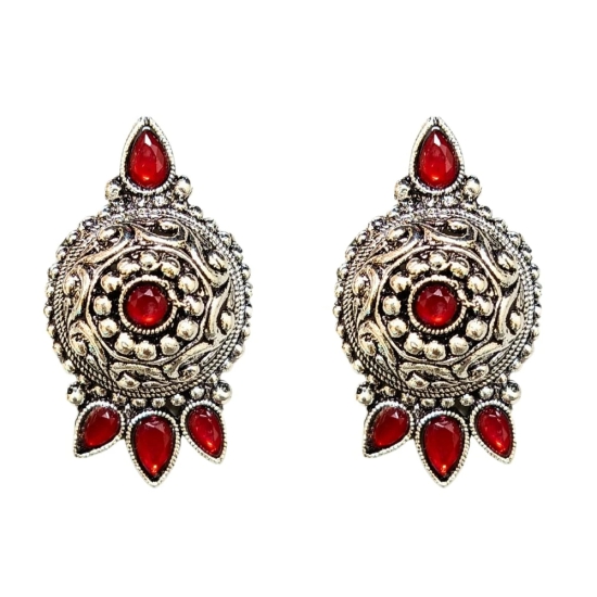 Oxidized German Silver Antique Look Afghani Chandbali Earrings With Maroon Stones