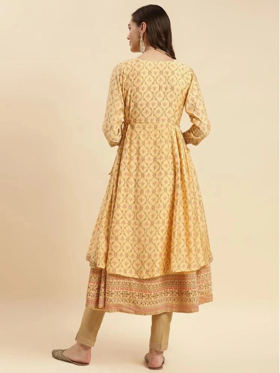 Rangita Women Yellow Silk Printed Calf Length Double Layered Kurti - None