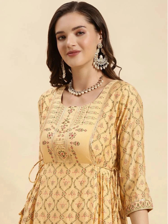 Rangita Women Yellow Silk Printed Calf Length Double Layered Kurti - None