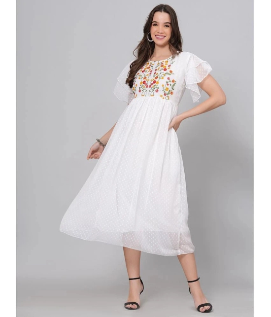 JC4U Crepe Embroidered Midi Womens Fit & Flare Dress - White ( Pack of 1 ) - None