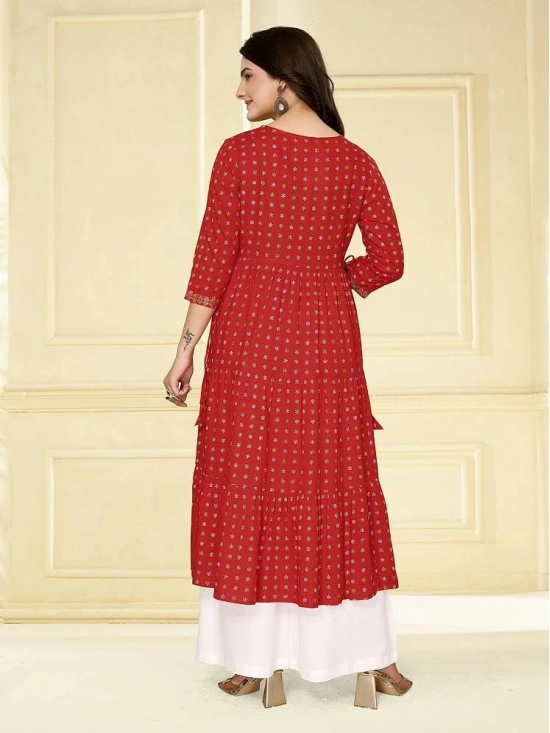 Rangita Women Red Rayon Embroidered Calf Length Tiered Flared Kurta - None