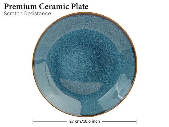 Handcrafted Reactive Glaze Ceramic Dinner Plates, 4 Pieces Serving for 4, Microwave and Dishwasher Safe, Bone-ash Free, Full Plate Set Crockery for Dining and Gifting, Greenish Blue