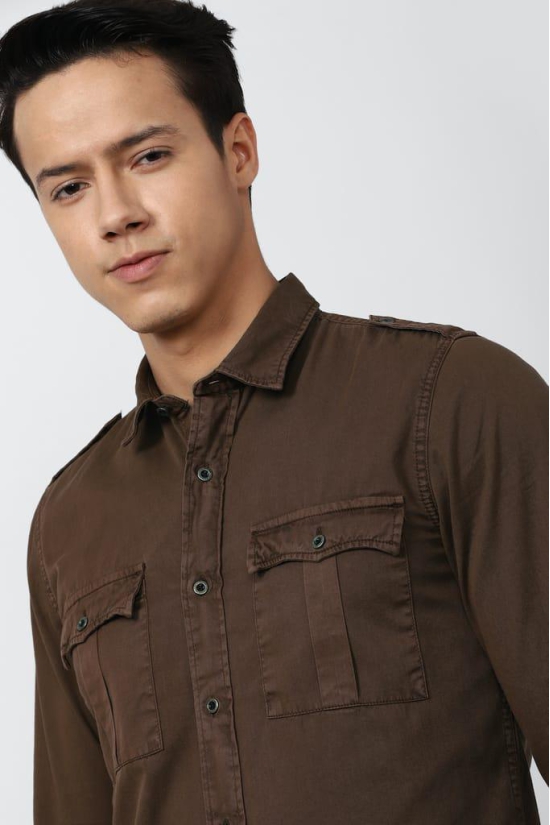 Men Brown Super Slim Fit Solid Full Sleeves Casual Shirt