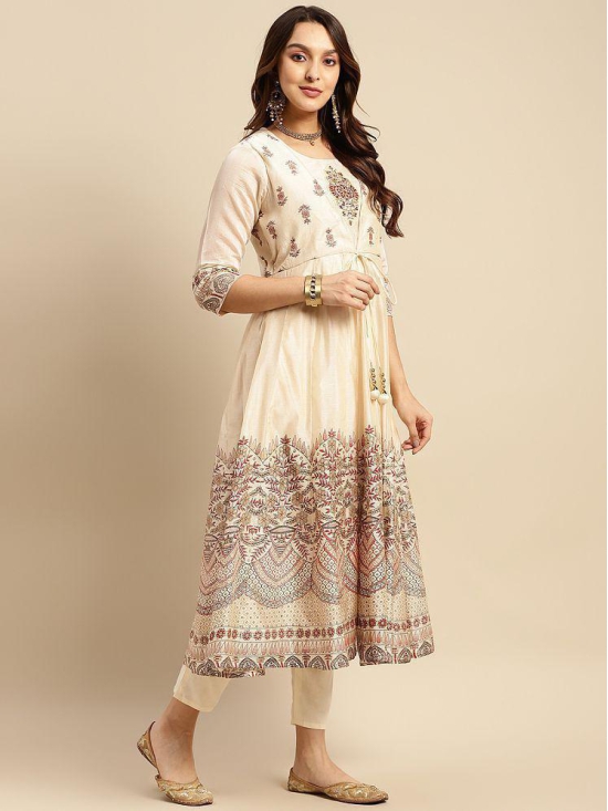 Rangita Women Chanderi Beige Yoke Embroidered Border Printed Calf Length Anarkali Kurti - None