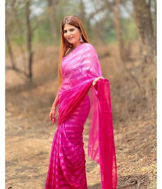 ANAND SAREES Satin Striped Saree With Blouse Piece - Pink ( Pack of 1 ) - Pink