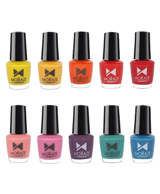 Moraze London Mini Nail Paint Kit - Pack of 10 | Glossy Finish | Highly Pigmented | Chip Free | Travel Friendly Nail Polish Set