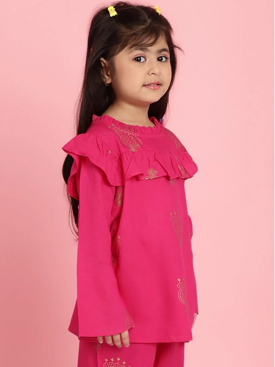 MINI & MING Girls Floral Printed Round Neck Bell Sleeves Pleated A-Line Top