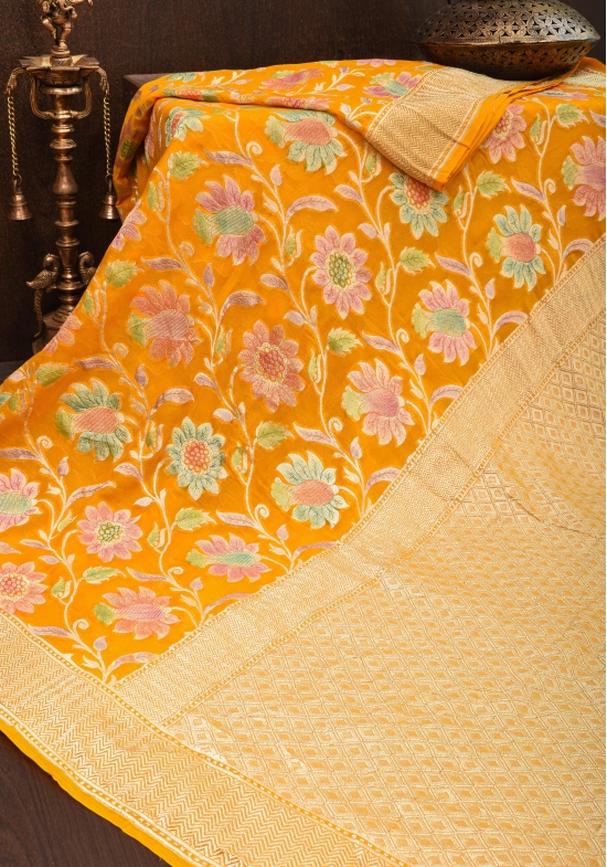 Mustard Gorgeous Hand Brush Dye Banarasi Georgette saree with Meenakari Floral Jaal  | SILK MARK CERTIFIED