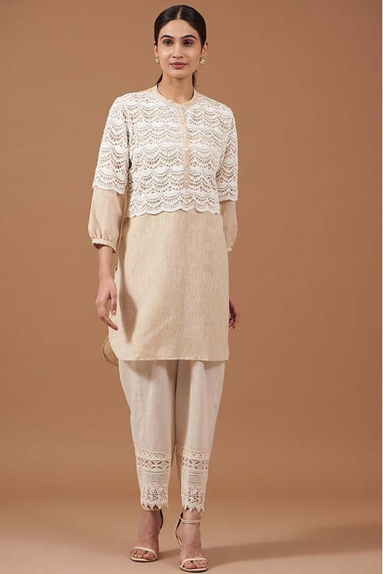 Beige Cotton Linen Textured Tunic-M