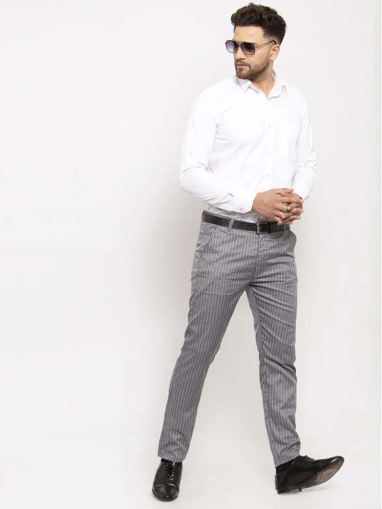 Indian Needle Men's Grey Cotton Striped Formal Trousers-30 / Grey