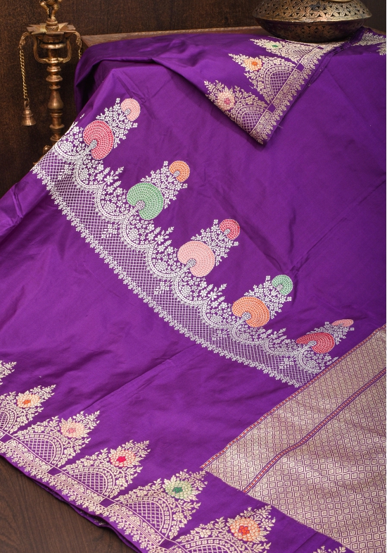 Purple Royal Meenakari Curvilinear Panel Banarasi Katan Silk Saree  | SILK MARK CERTIFIED