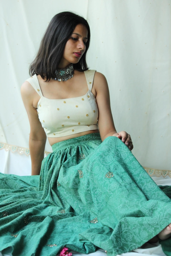 Beige And Green Floral Lehenga