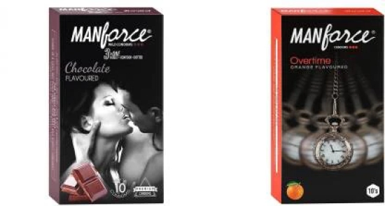 MANFORCE Chocolate flavor condom - 10 Pieces & 3 in 1 Condoms (Ribbed Contour Dotted) Overtime Orange Flavoured- 10 Pieces Condom (Set of 2 20 Sheets)