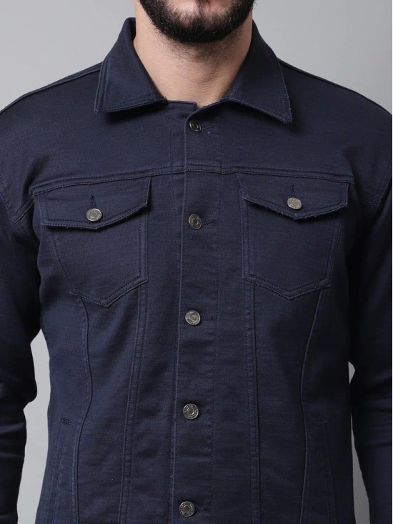 Rodamo Men Navy Blue Denim Cotton Jacket with Patchwork