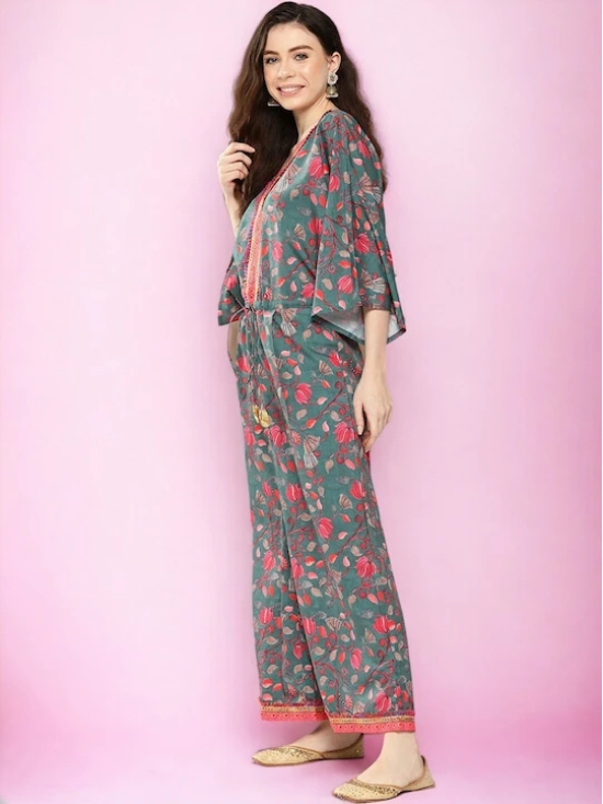 Green Floral Printed Basic Jumpsuit with Lace Inserts