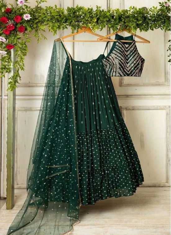 Dark Green Georgette Sequence Ruffle Style Lehenga Choli