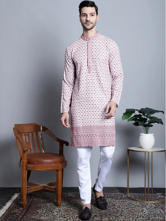 Mens Chikankari Embroidered Kurta Only-L / Pink