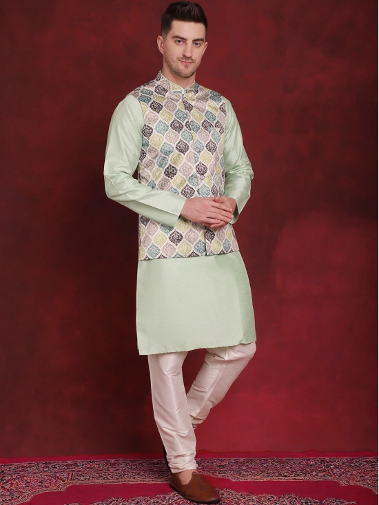 Green Floral Printed Nehru Jacket With Kurta Pyjama Set-L / Green