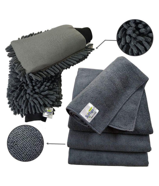 SOFTSPUN Microfiber Chenille & Single-Side Gloves 1700 GSM  with Towel 340 GSM, 6 Piece Combo Grey, Multi-Purpose Super Absorbent and Perfect Wash Clean with Lint-Scratch Free Car, Dusting!