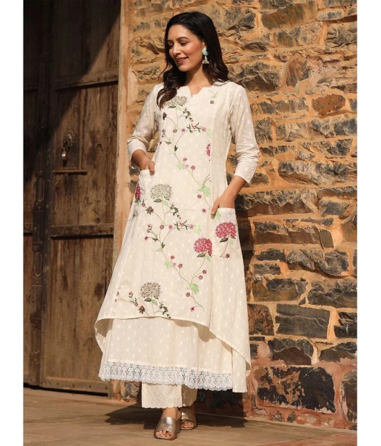 AMIRAS INDIAN ETHNICWEAR 100% Cotton Embroidered A-line Womens Kurti - Off White ( Pack of 1 ) - None