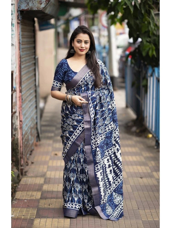 Bhuwal Fashion Cotton Printed Saree With Blouse Piece - Navy Blue ( Pack of 1 ) - Navy Blue