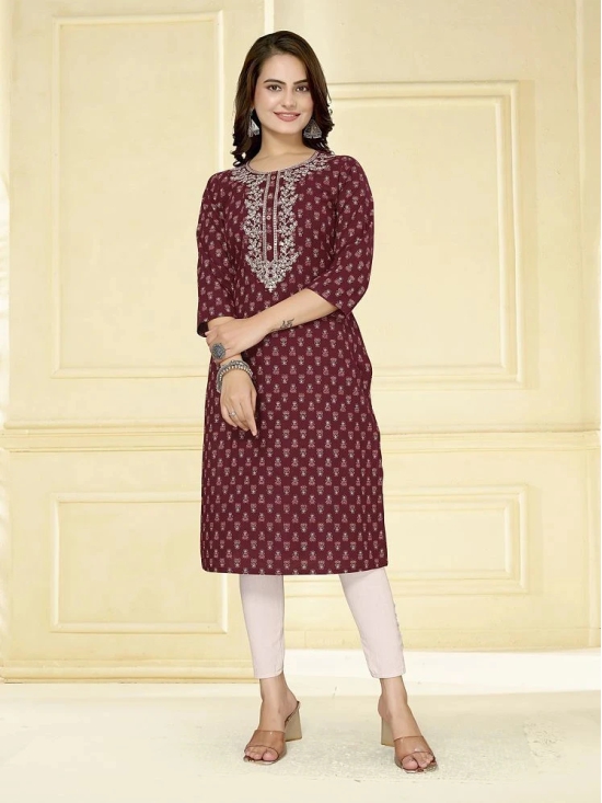 Rangita Women Cotton Maroon Embroidered Calf Length Straight Kurti - None