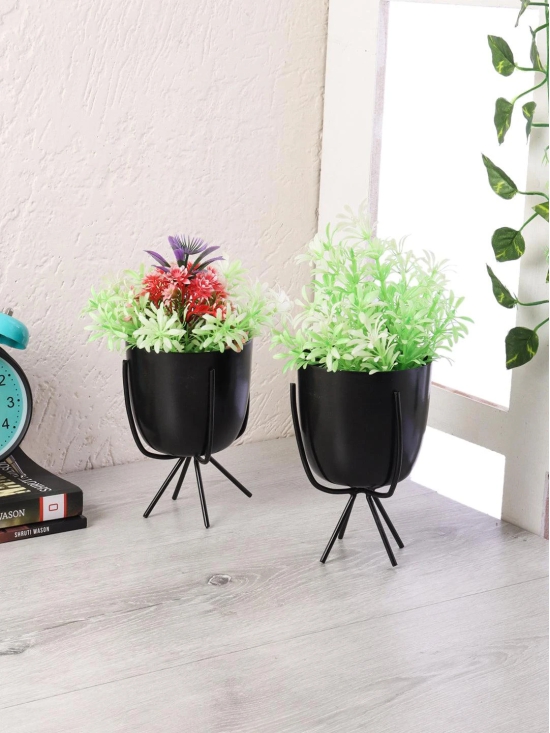 Black Metal Planter with Stand (Set of 2)-Black