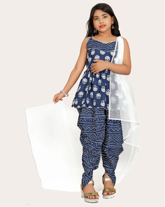 Girls A-line Sleeveless Rayon Dhoti Kurta and Dupatta Set Festive & Party Floral Print Square Neck Dupatta Net Border Lace.-Blue / 4 - 5 Years