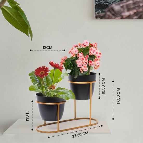 Kuber Industries Planter  Desktop Flower Planter  Balcony Flower Pot  Home Dcor Flowers Pot  Flower Planter for Office Dcor  Double Planter with Golden Stand  1128-A  Black-Kuber Industries Plant