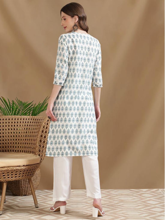 Rangita Women Cotton Blue Embroidered Calf Length Straight Kurti - None