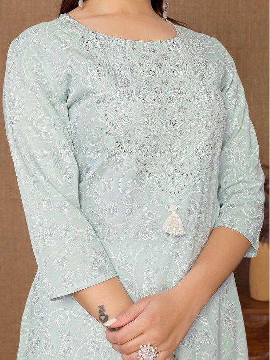 Rangita Women Rayon Mint Green Embroidered Calf Length A-line Kurti - None