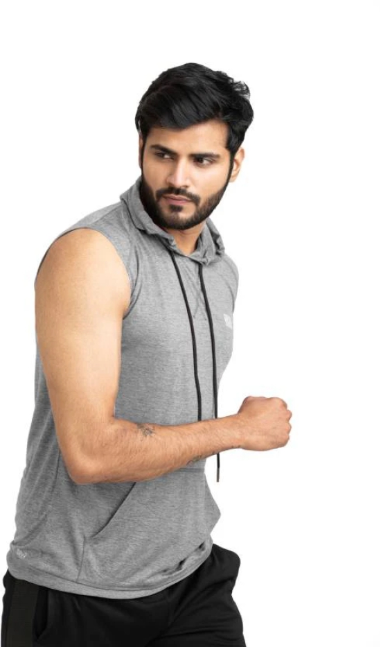 Men Solid Hooded Neck Polyester Grey T-Shirt