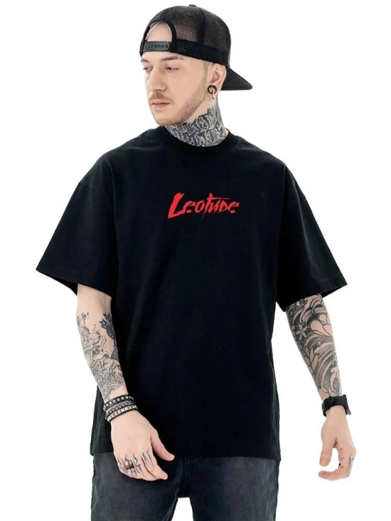 Leotude Cotton Blend Oversized Fit Printed Half Sleeves Mens T-Shirt - Black ( Pack of 1 ) - None