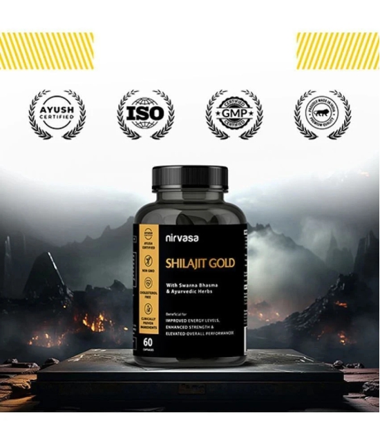 Nirvasa Shilajit Gold 60 Capsules | 100% Pure Himalayan Shilajit Original Capsules | Contains 24 Carat Gold, Gokshura, Akarkara, Triphala, Safed Musli & Ashwagandha