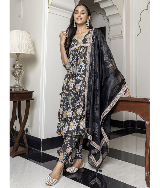 Janasya Cotton Printed Kurti With Palazzo Women''s Stitched Salwar Suit - Black ( Pack of 1 ) - None