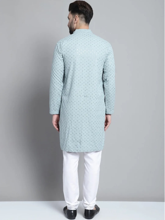 Men Blue Chikankari Embroidered and Sequence Kurta with Churidar-XXL / Blue