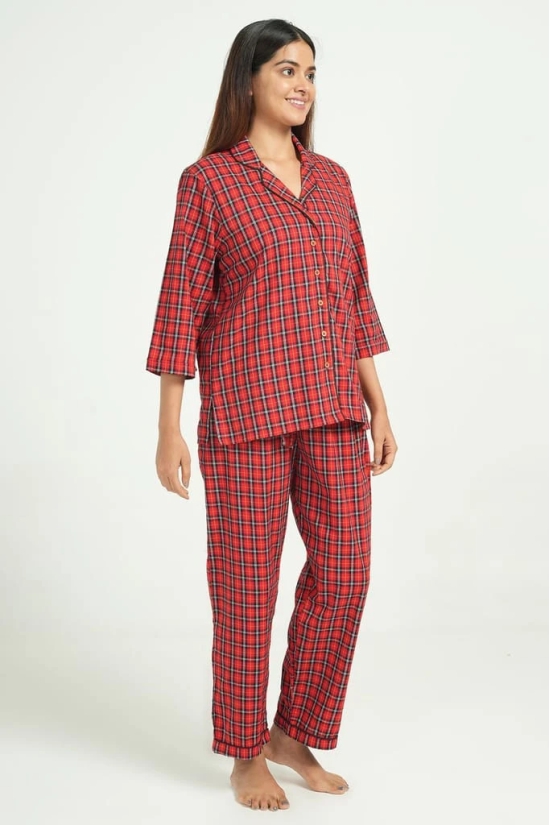 BREATHABLES Women Cotton Checks Nightsuit Shirt and Pants Co-ord Set 3/4 Sleeve Notched Collar Comfort Loose Fit Red(Night Wear | Co-ord set | Lounge Wear Set)